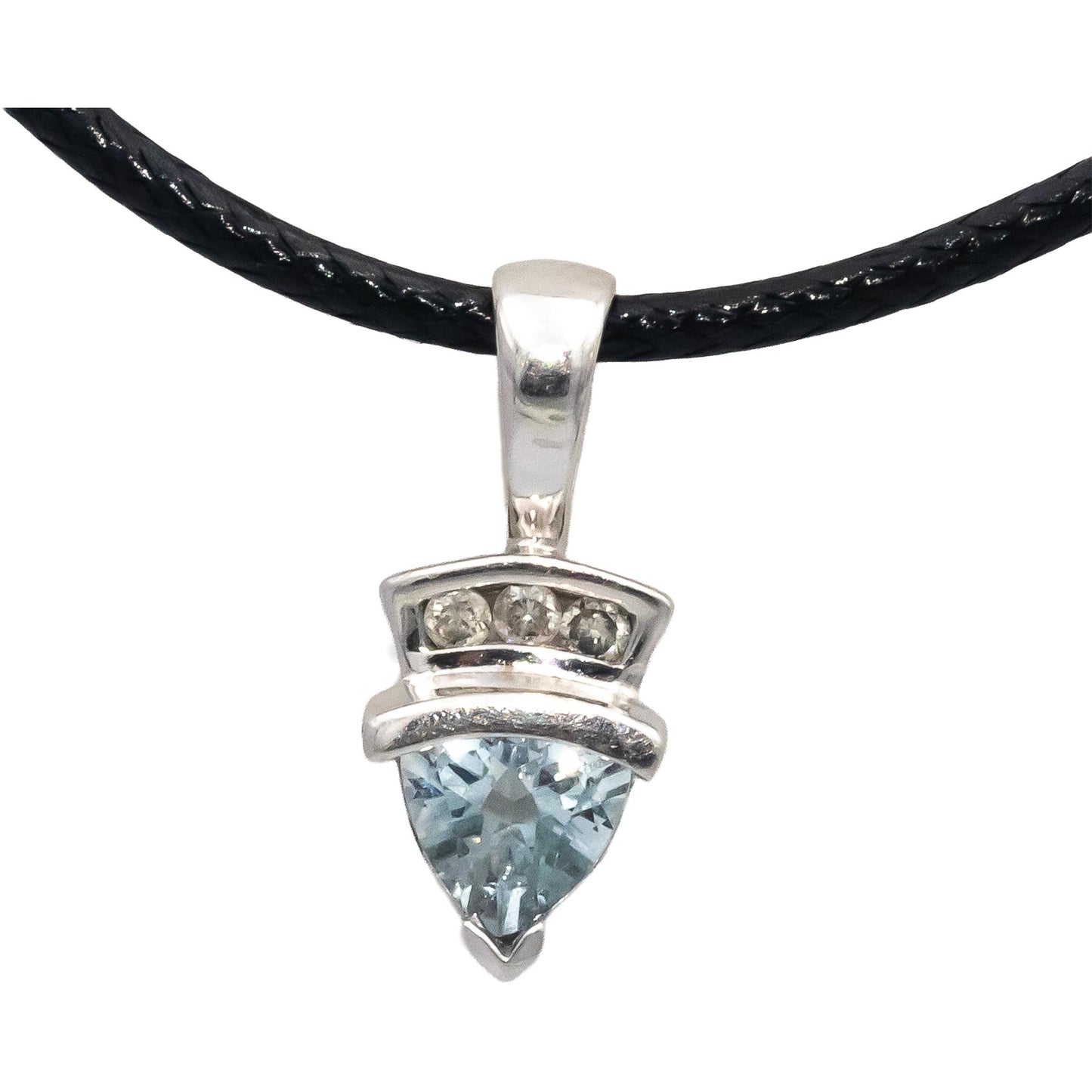 10k White Gold Trillion Cut Aquamarine Round Diamond Pendant Necklace 0.53CTW