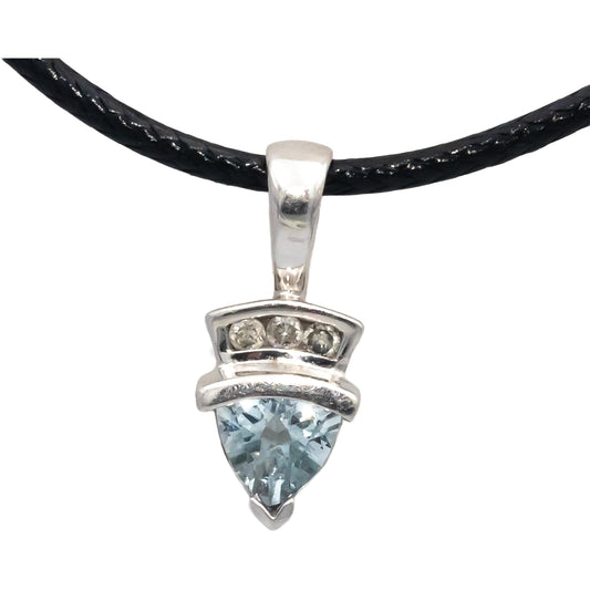 10k White Gold Trillion Cut Aquamarine Round Diamond Pendant Necklace 0.53CTW