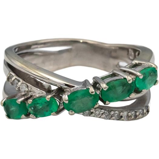 14k White Gold Emerald and Diamond Crossover Band Ring 0.85CTW Size 6.5