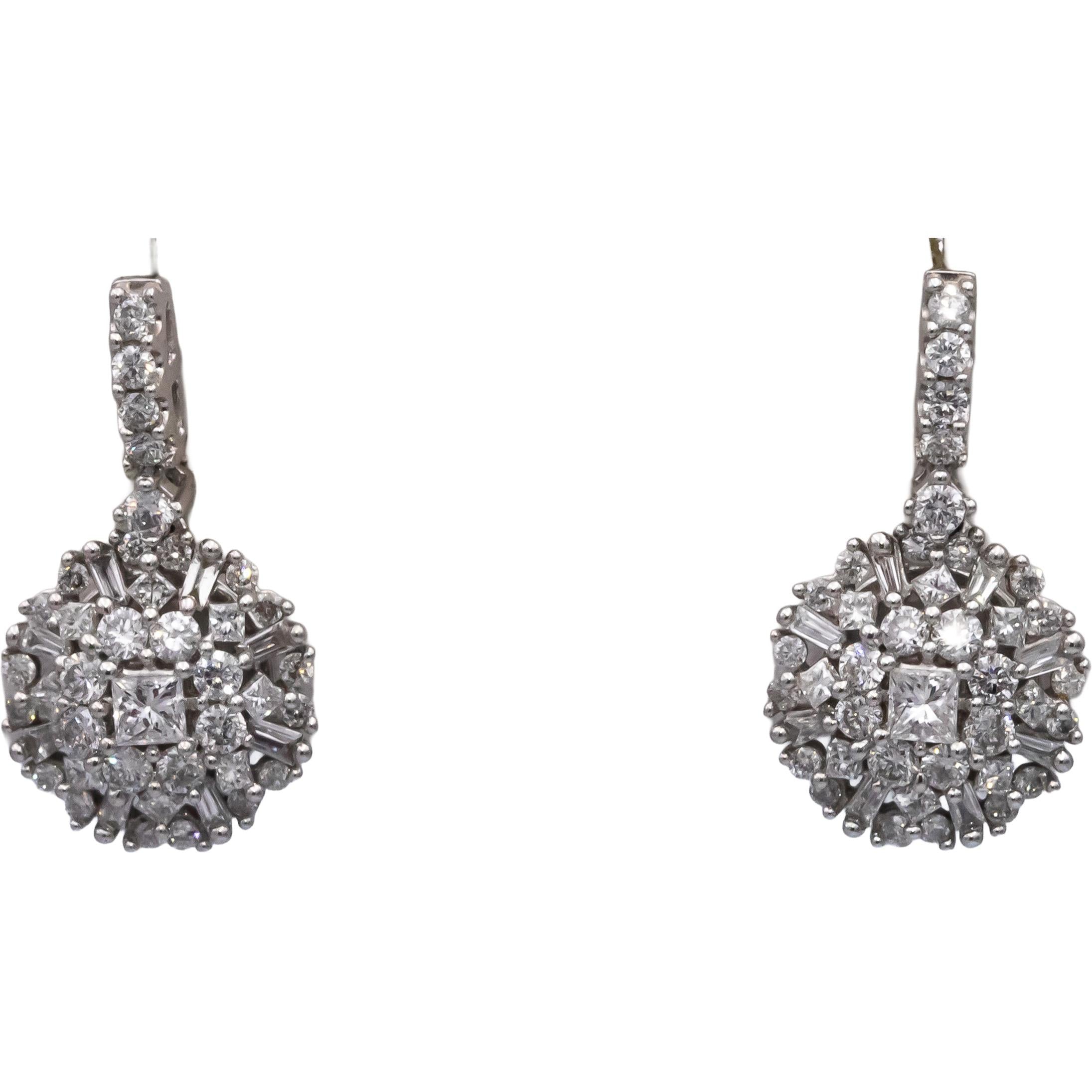 10k White Gold Princess & Round Diamond Cluster Drop Dangle Stud Earrings 1.0CT