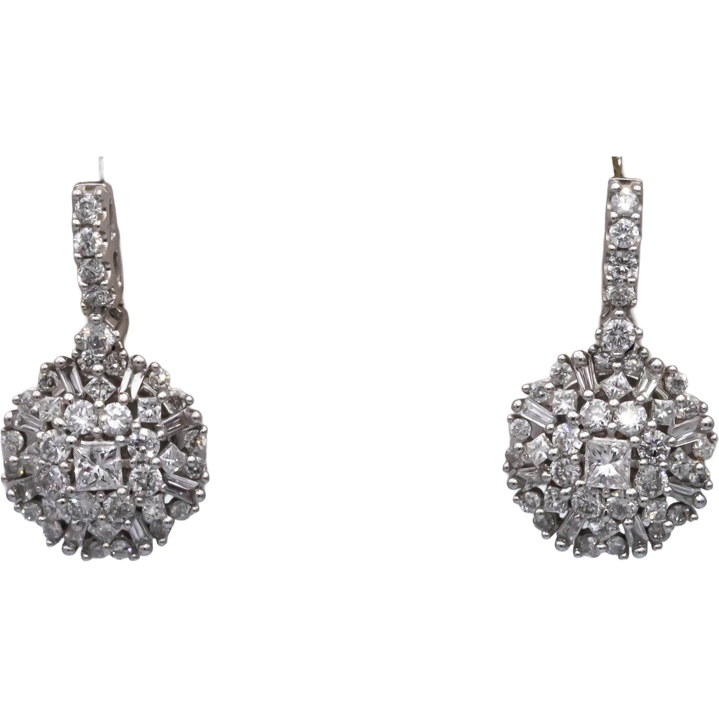 10k White Gold Princess & Round Diamond Cluster Drop Dangle Stud Earrings 1.0CT