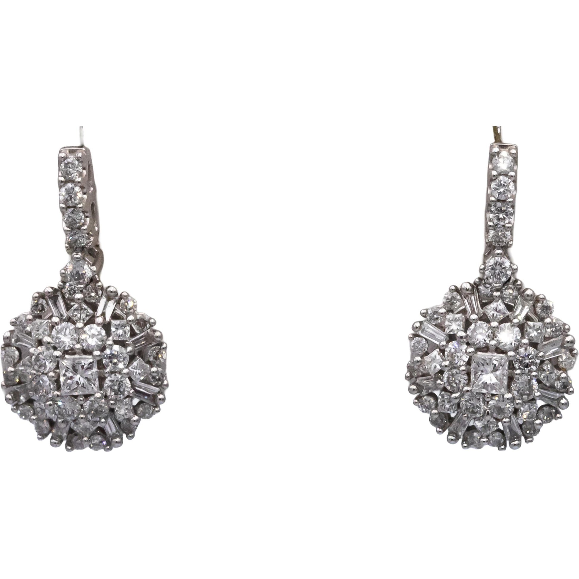 10k White Gold Princess & Round Diamond Cluster Drop Dangle Stud Earrings 1.0CT