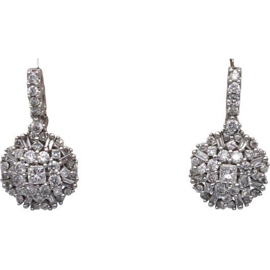 10k White Gold Princess & Round Diamond Cluster Drop Dangle Stud Earrings 1.0CT