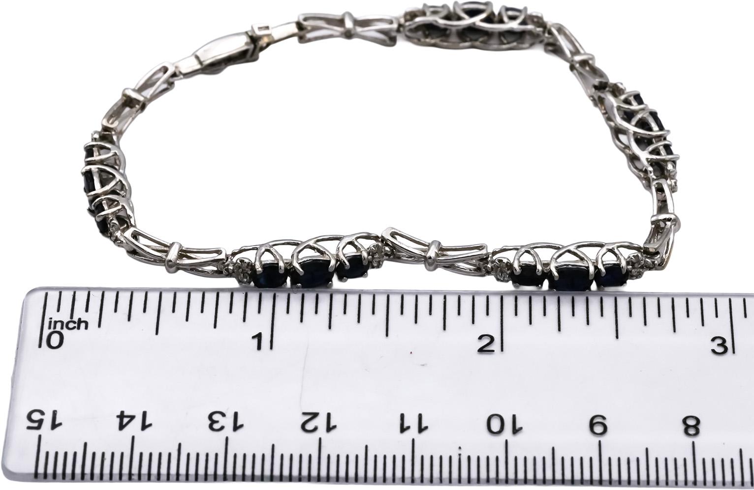 10k White Gold Oval Blue Sapphire Round Diamond Link Bracelet 1.10CTW