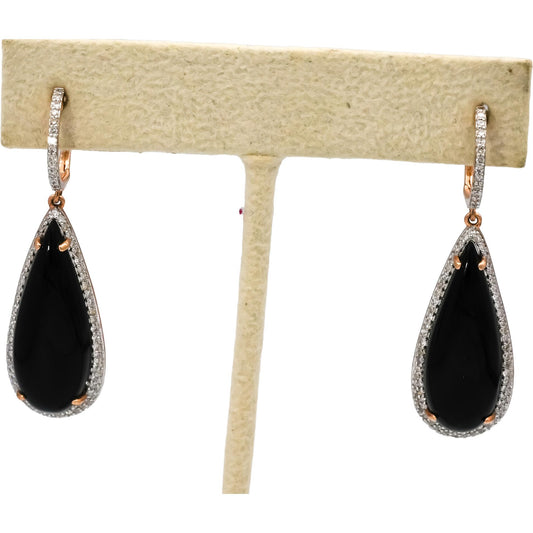 14k Rose Gold Round Diamond and Cabochon Onyx Drop Dangle Earrings 0.50CT