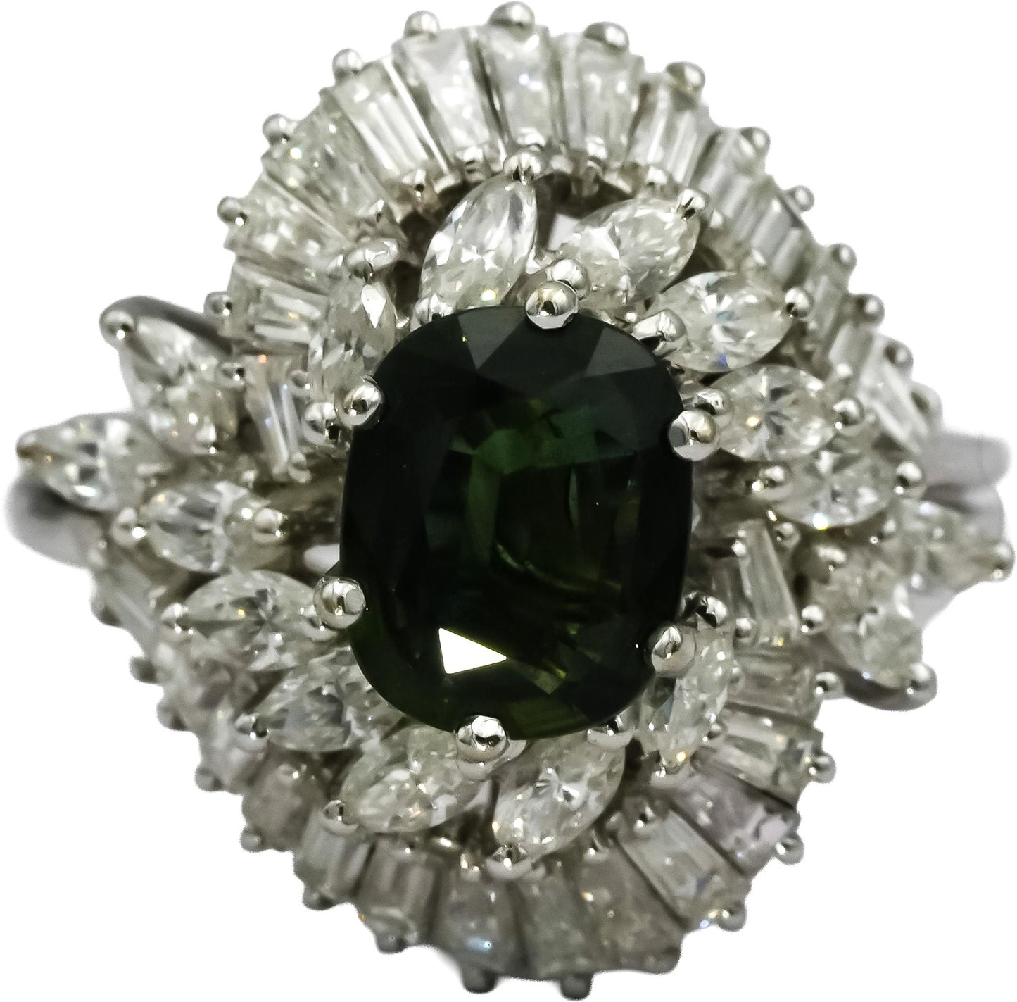 18k White Gold VS Diamond and Green Sapphire Cocktail Ring 3.0CT Size 7.5