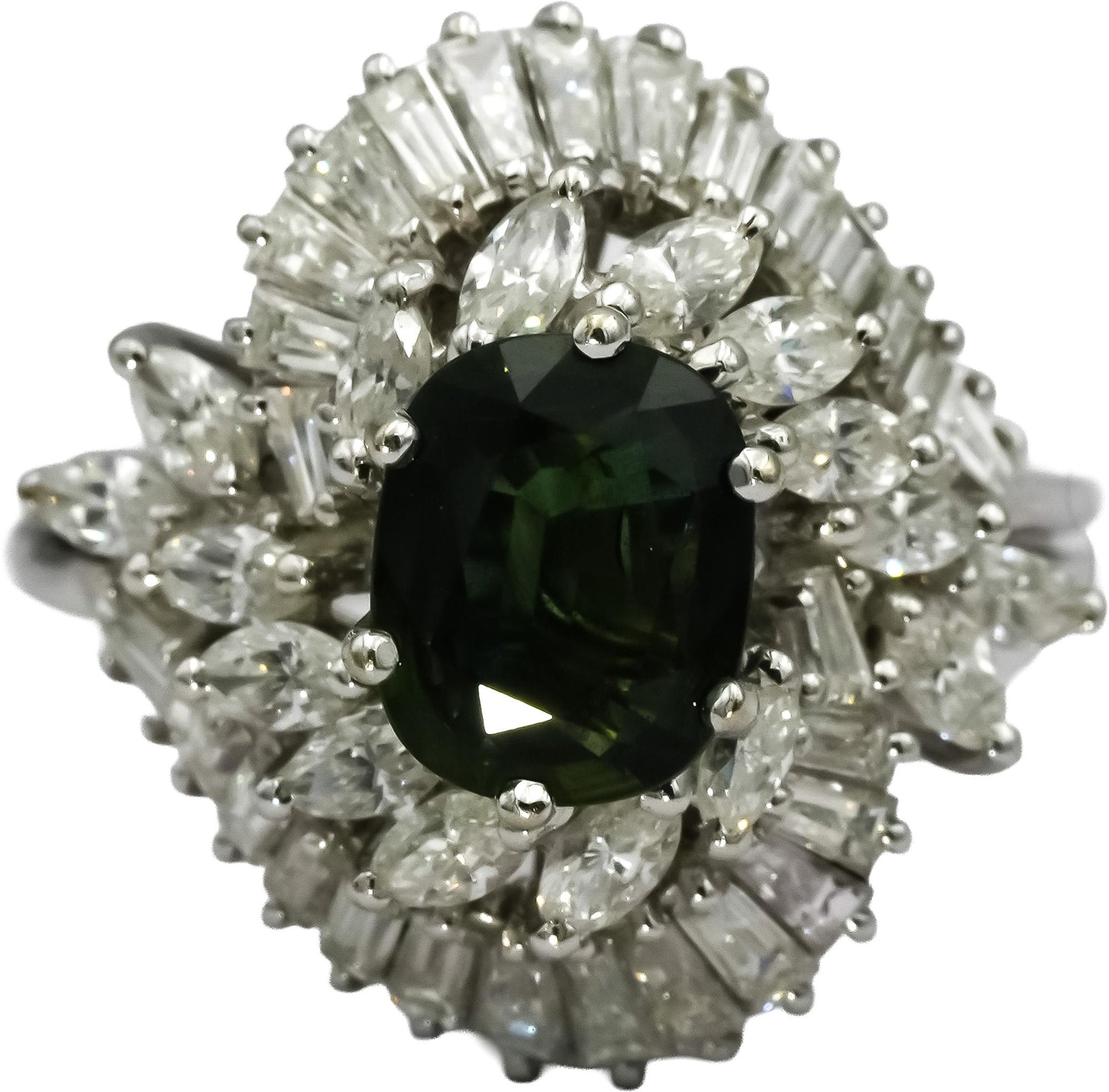 18k White Gold VS Diamond and Green Sapphire Cocktail Ring 3.0CT Size 7.5