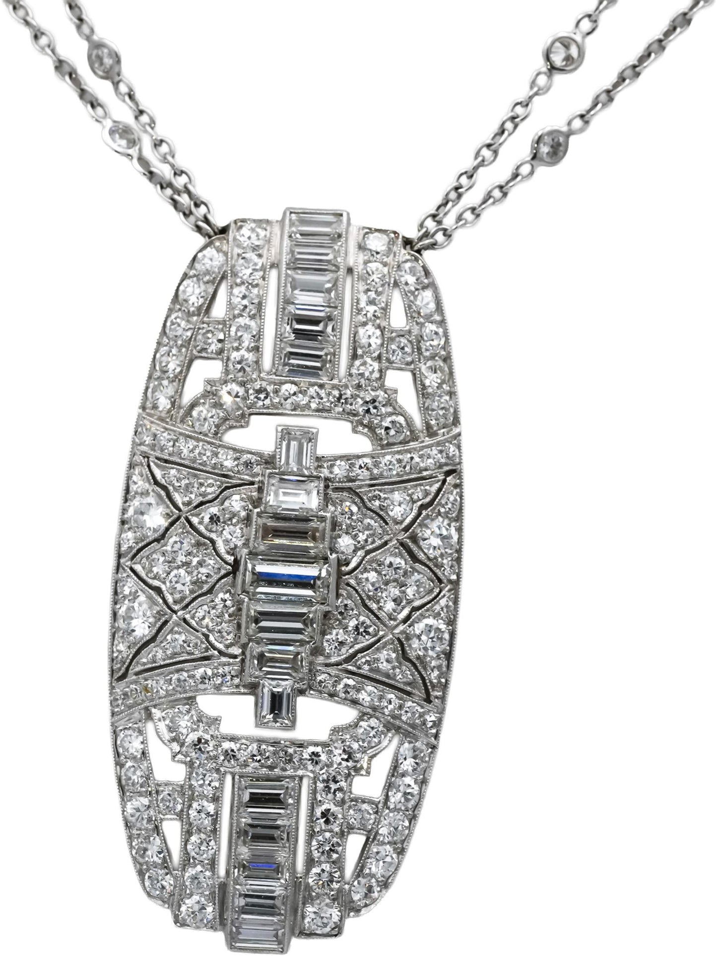 Antique Art Deco 18k & Platinum VS Diamond Pendant Double Chain Necklace 7.0CT