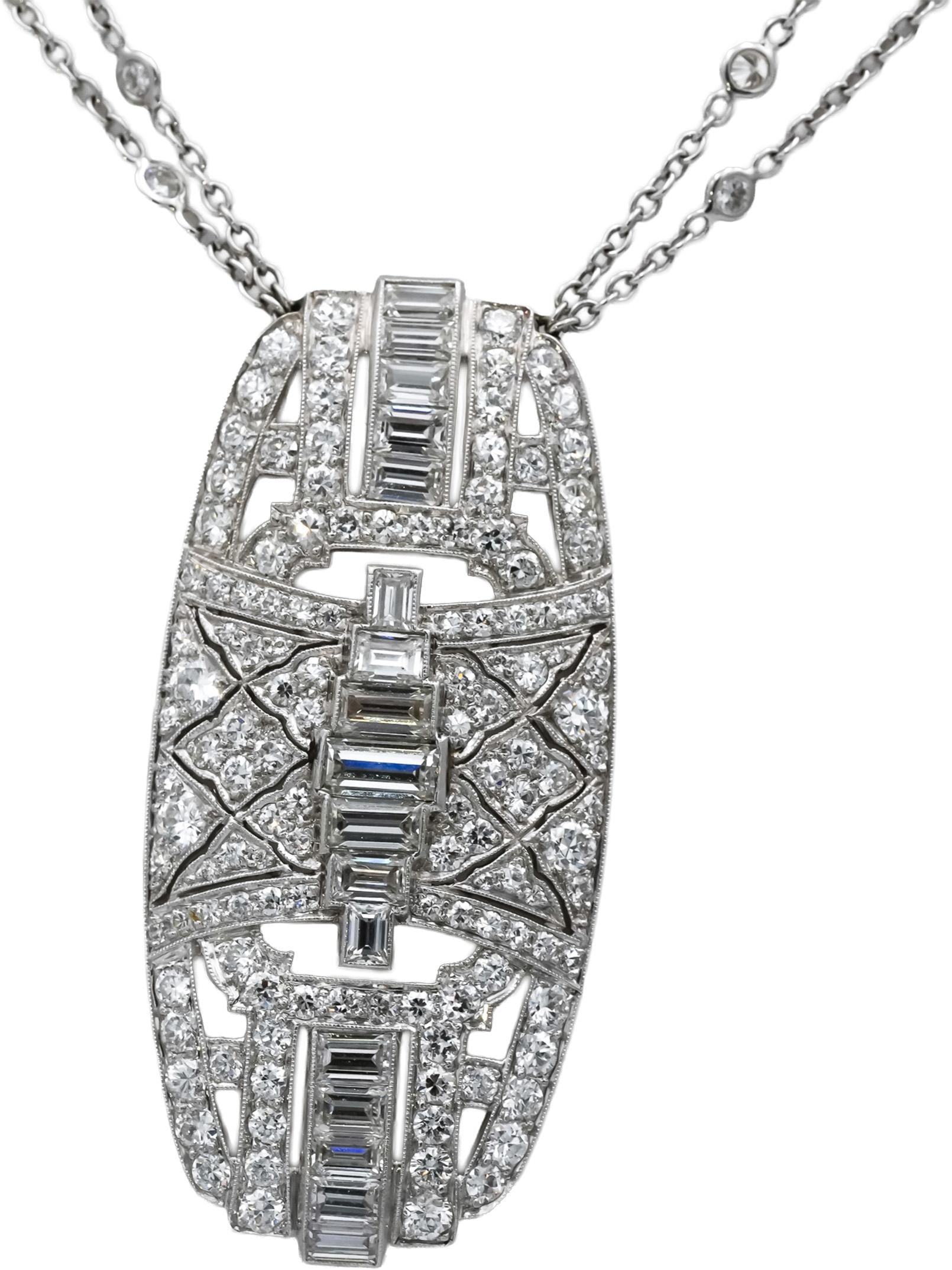 Antique Art Deco 18k & Platinum VS Diamond Pendant Double Chain Necklace 7.0CT