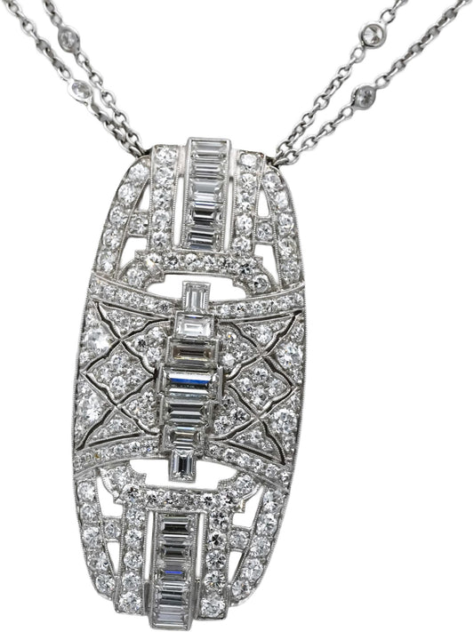 Antique Art Deco 18k & Platinum VS Diamond Pendant Double Chain Necklace 7.0CT