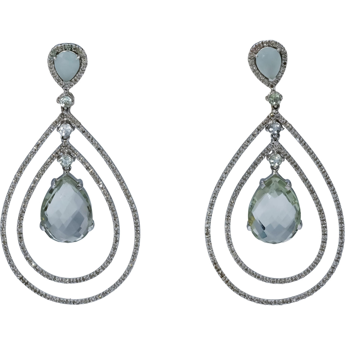 18k White Gold Diamond Moonstone Quartz Green Beryl Dangle Earrings 1.50CT