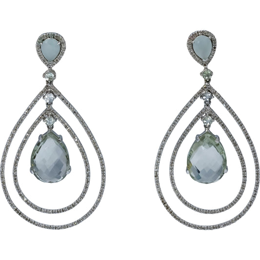 18k White Gold Diamond Moonstone Quartz Green Beryl Dangle Earrings 1.50CT