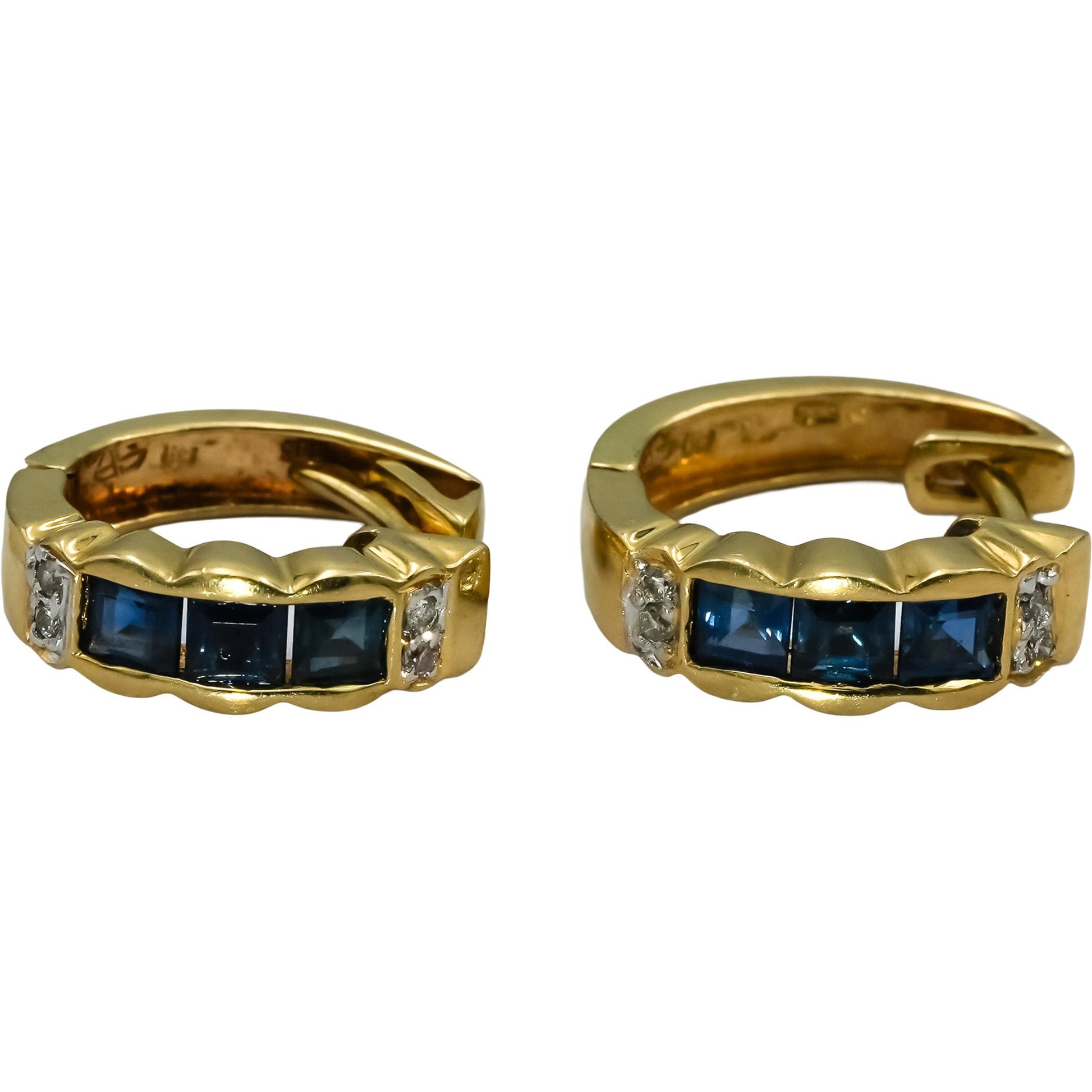 14k Yellow Gold Diamond and Sapphire Hoop Huggie Earrings 0.83CT