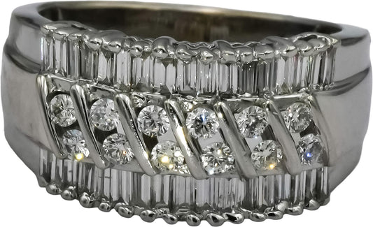 14k White Gold VS Round and Baguette Cut Diamond Band Ring 1.50CT Size 7