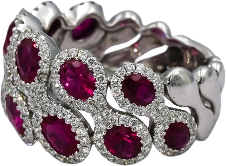 14k White Gold Round Diamond Oval Ruby Band Ring 4.71CT Size 7.5