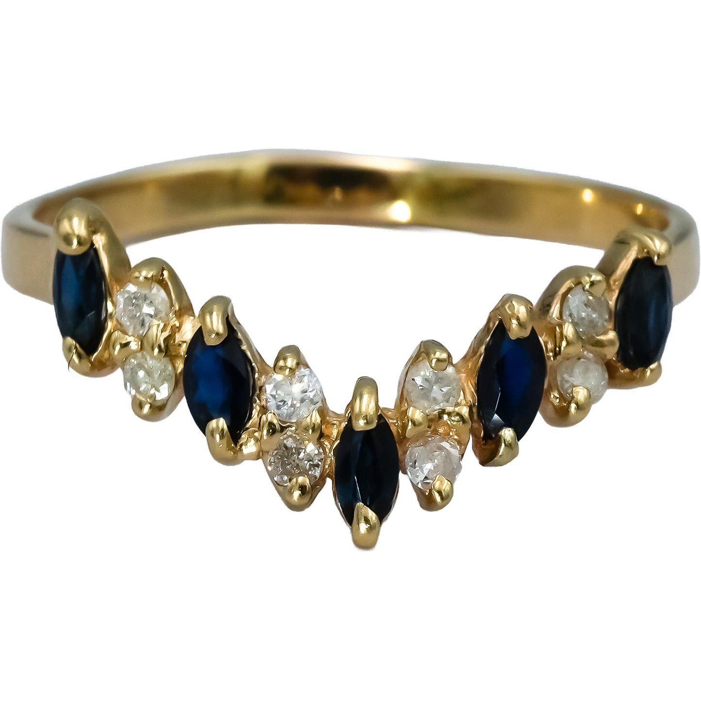 14k Yellow Gold Round Diamond and Marquise Sapphire Band Ring 0.40CT Size 8.25