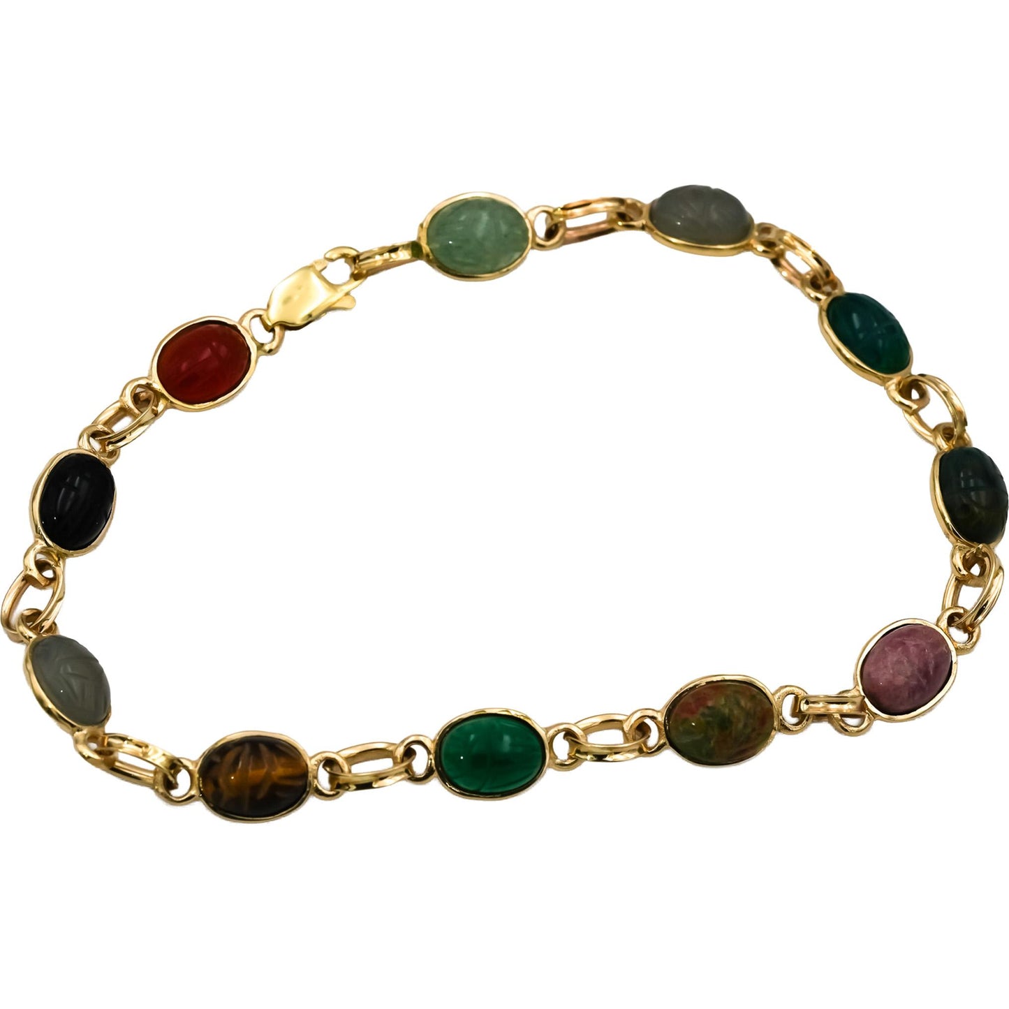 14k Yellow Gold Carved Scarab Multi Color Gemstone Bracelet