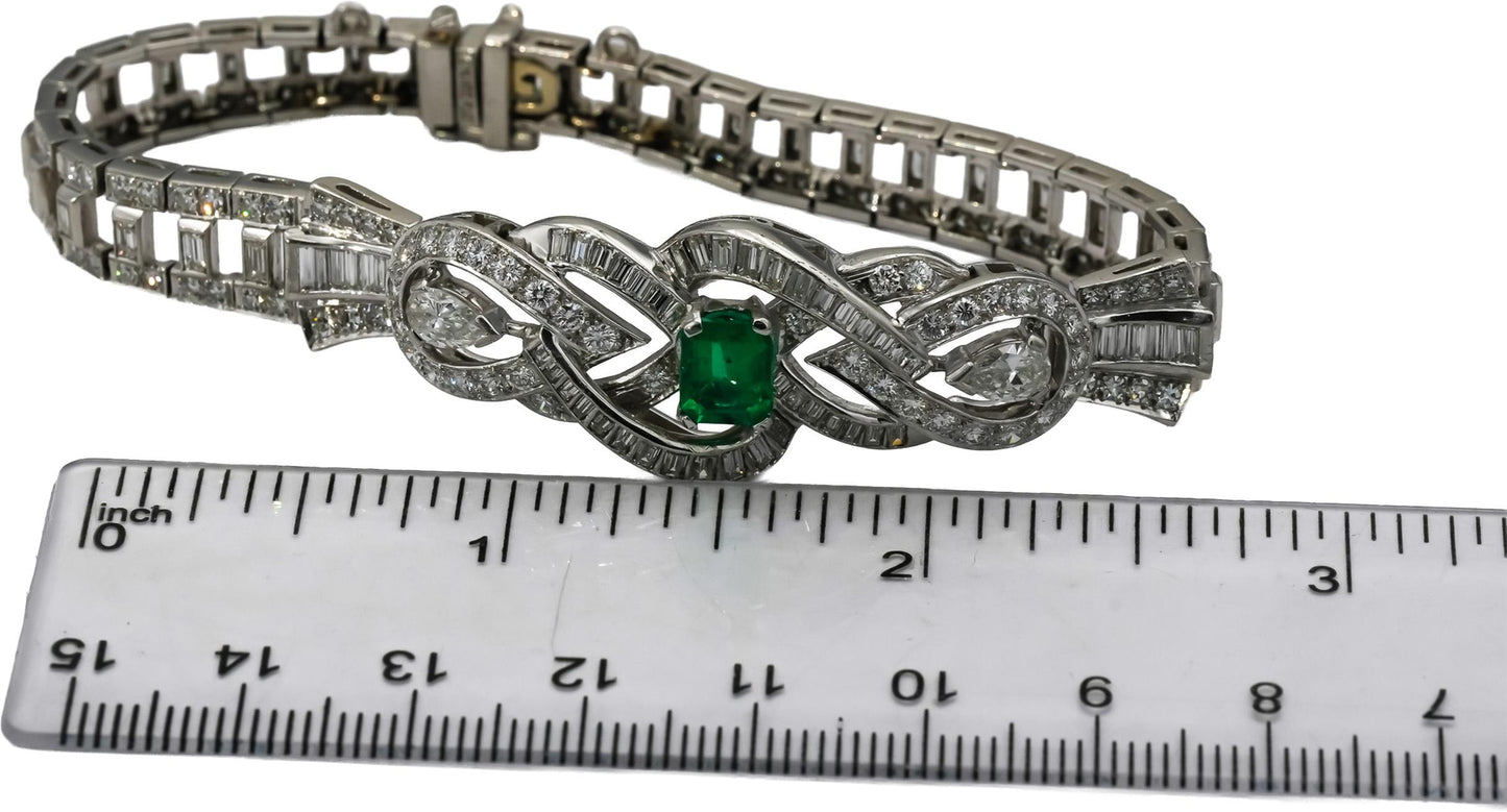 Vintage Antique Deco Platinum VS Diamond and Emerald Bracelet 6.50-7.0CT