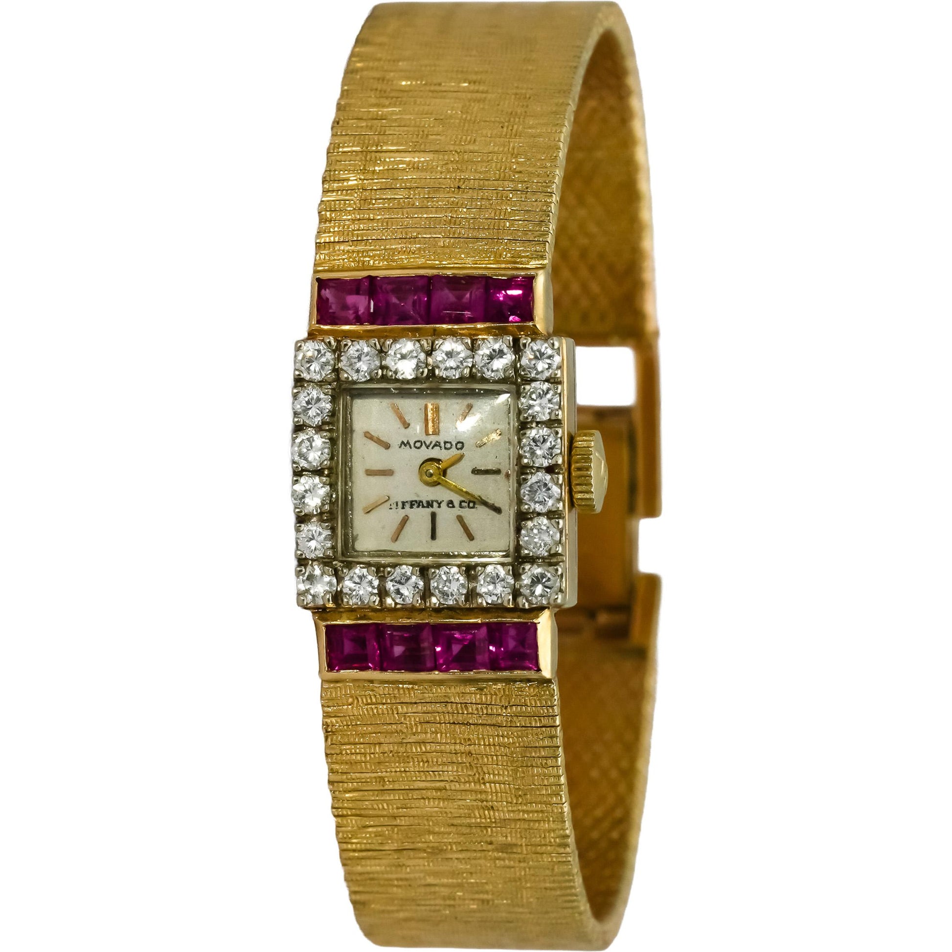 MOVADO 14k Yellow Gold Tiffany & Co. Dial Diamond Ruby Mechanical Watch 1.35CT