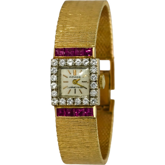 MOVADO 14k Yellow Gold Tiffany & Co. Dial Diamond Ruby Mechanical Watch 1.35CT