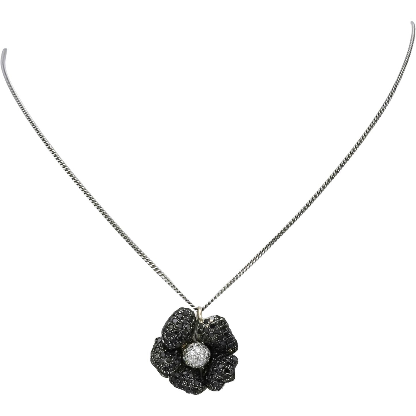 18k White Gold White and Black Diamond Cluster Flower Pendant Necklace 1.25CT