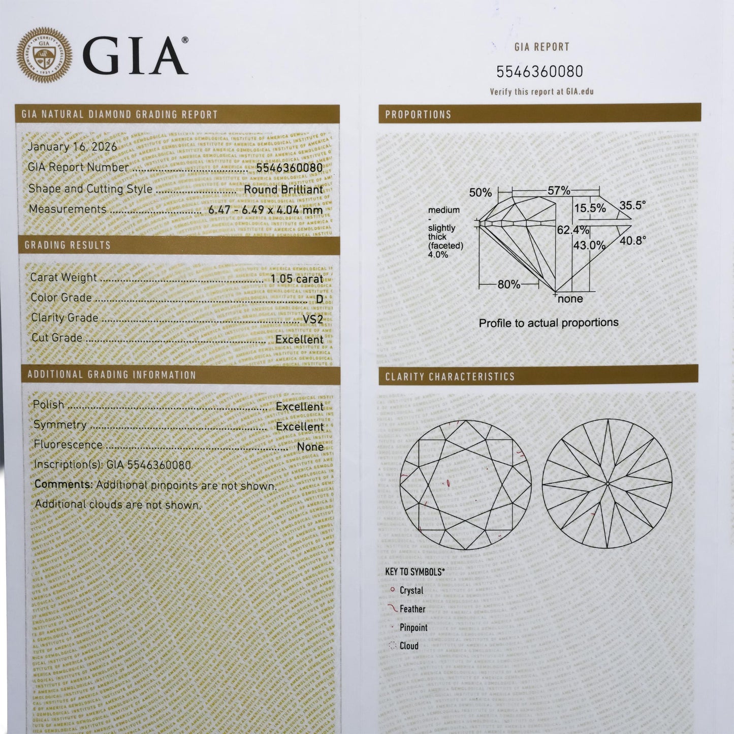 GIA Certified VS2/D Round Cut Natural Diamond Loose Stone 1.05CT