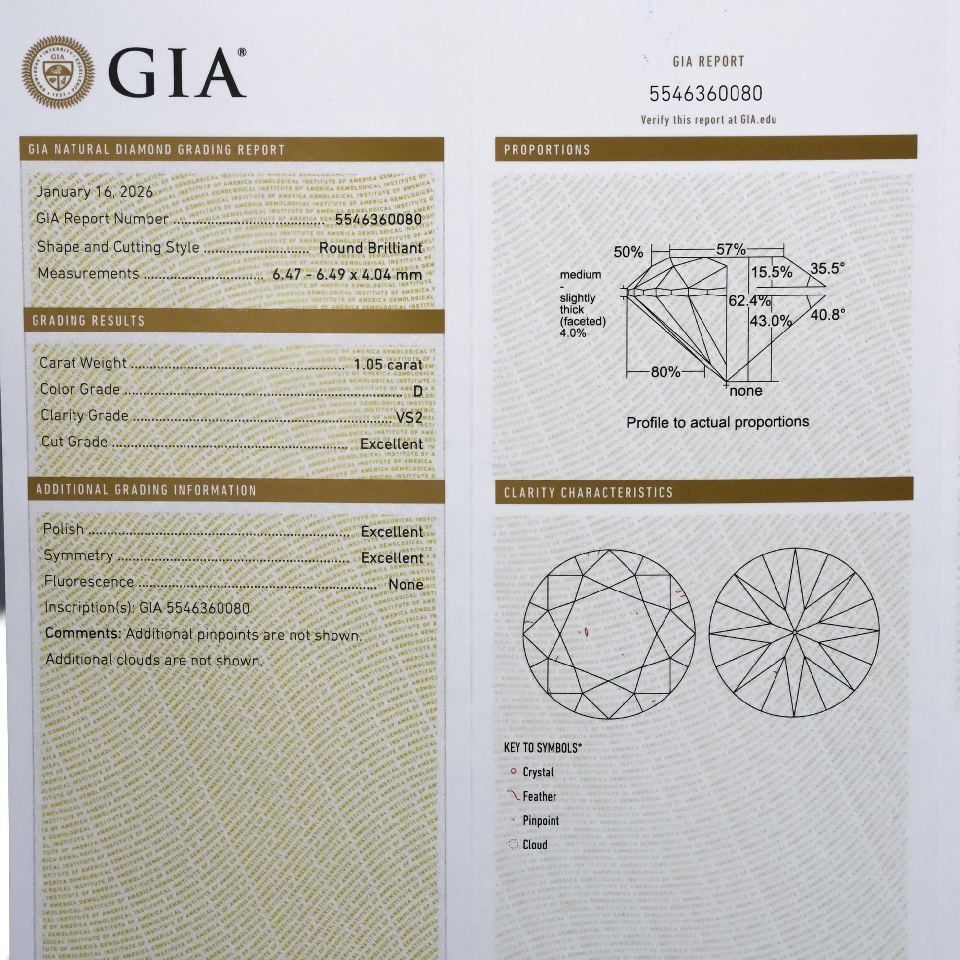 GIA Certified VS2/D Round Cut Natural Diamond Loose Stone 1.05CT