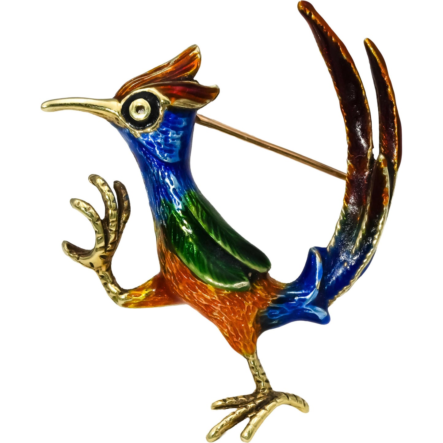 14k Yellow Gold Colorful Enamel Road Runner Brooch