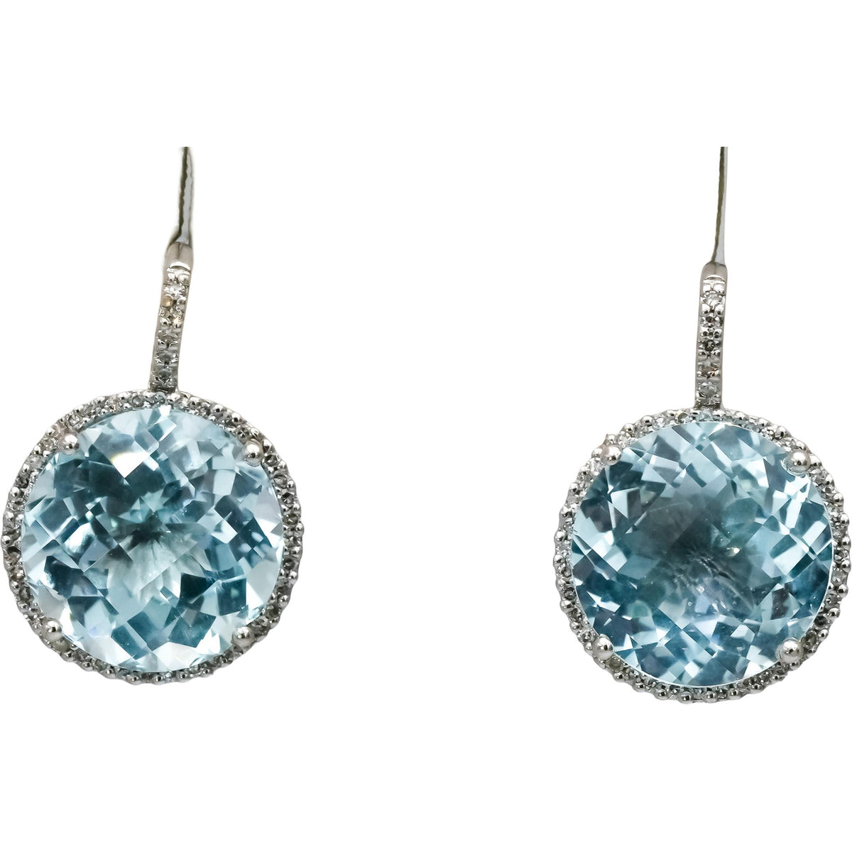 14k White Gold Blue Topaz and Diamond Dangle Earrings 10.25CT