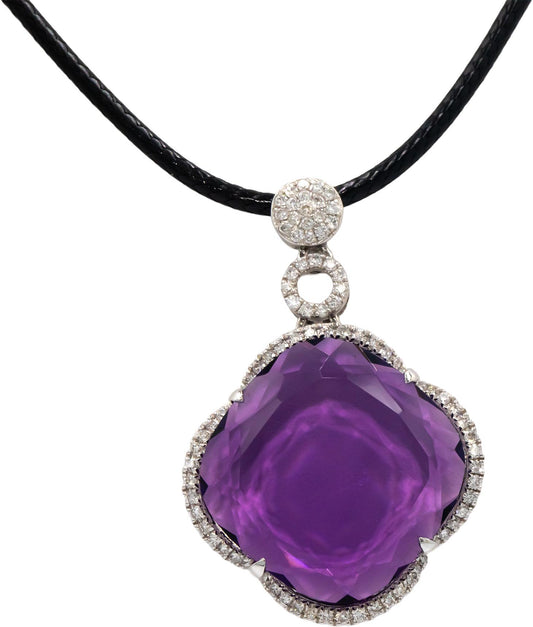 14k White Gold 0.63CT Diamond and 22.0 x 22.0mm Amethyst Pendant Necklace