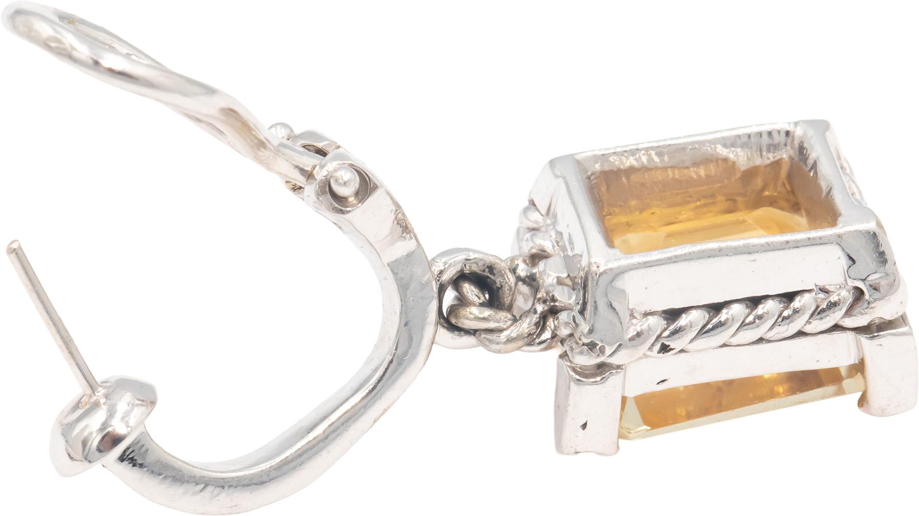 14k White Gold Round Diamond & Emerald Cut Citrine Drop Dangle Earrings 13.25CT