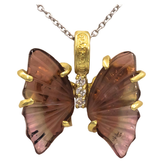 STAMBOLIAN 18k Gold 0.06CT Diamond and Tourmaline Butterfly Pendant Necklace