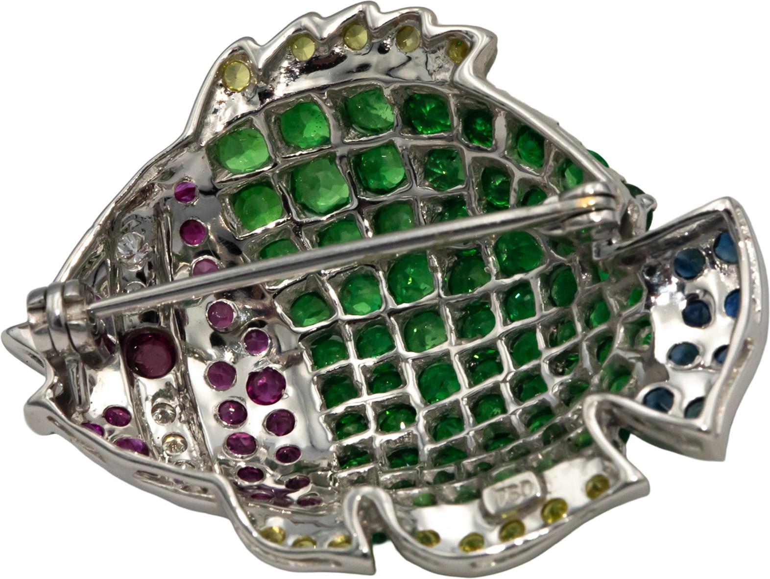 18k White Gold 5.10CT Diamond Ruby Sapphire & Green Garnet Tropical Fish Brooch