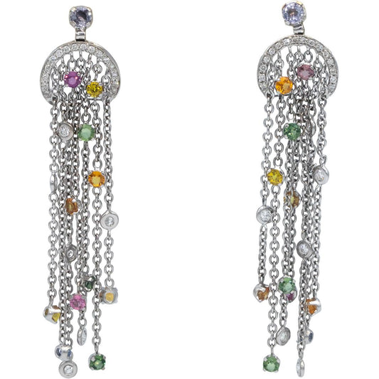 18k White Gold Diamond and Rainbow Sapphire Drop Dangle Tassel Earrings 8.0CT