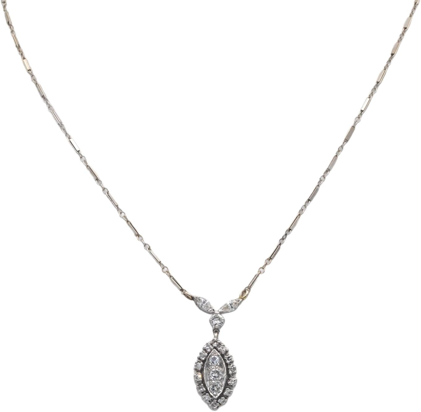 Vintage Antique 14k White Gold 0.75CT VS Diamond Fixed Pendant Necklace