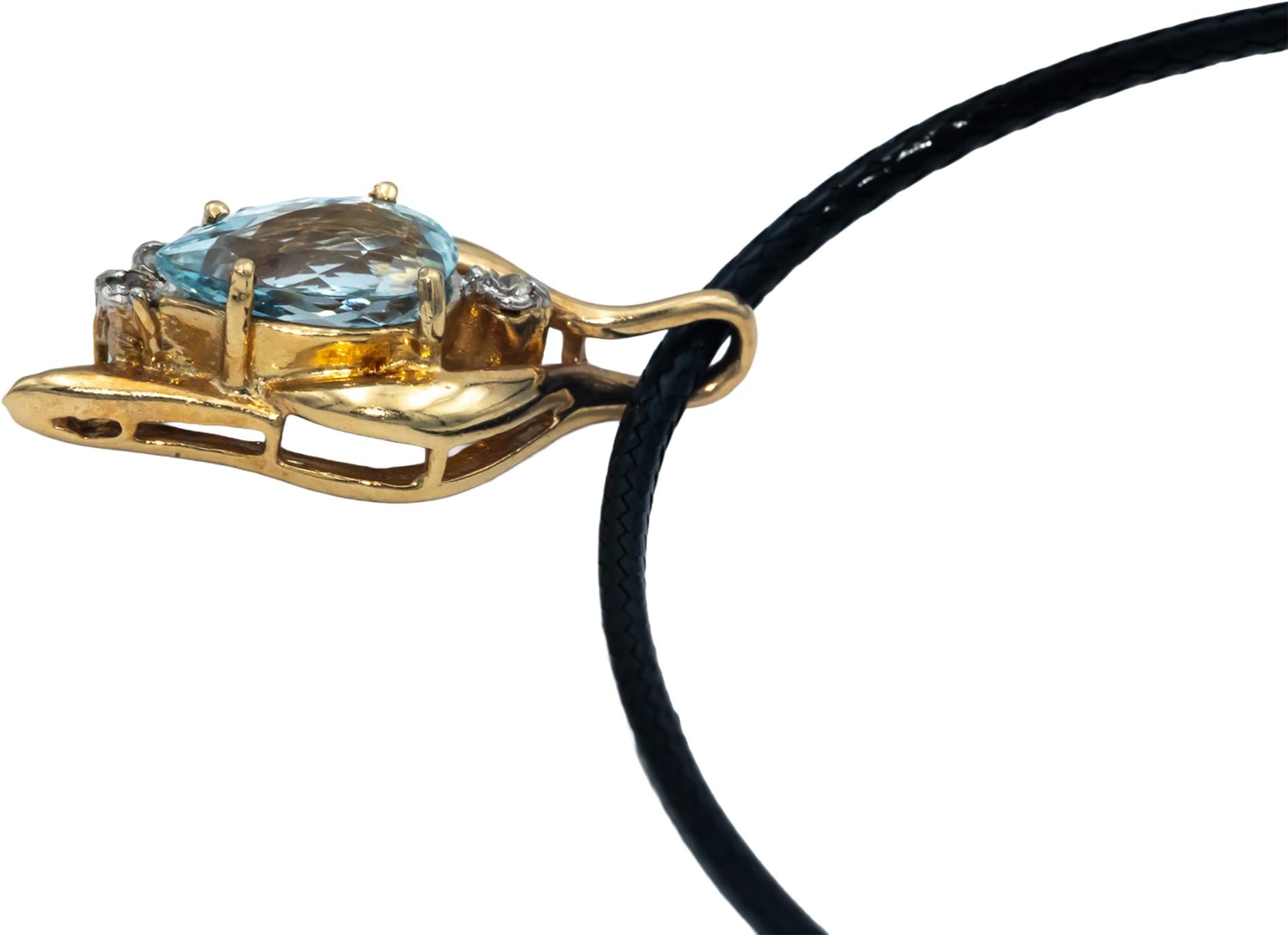 14k Yellow Gold 2.05CT Diamond and Aquamarine Pendant On Cord Necklace