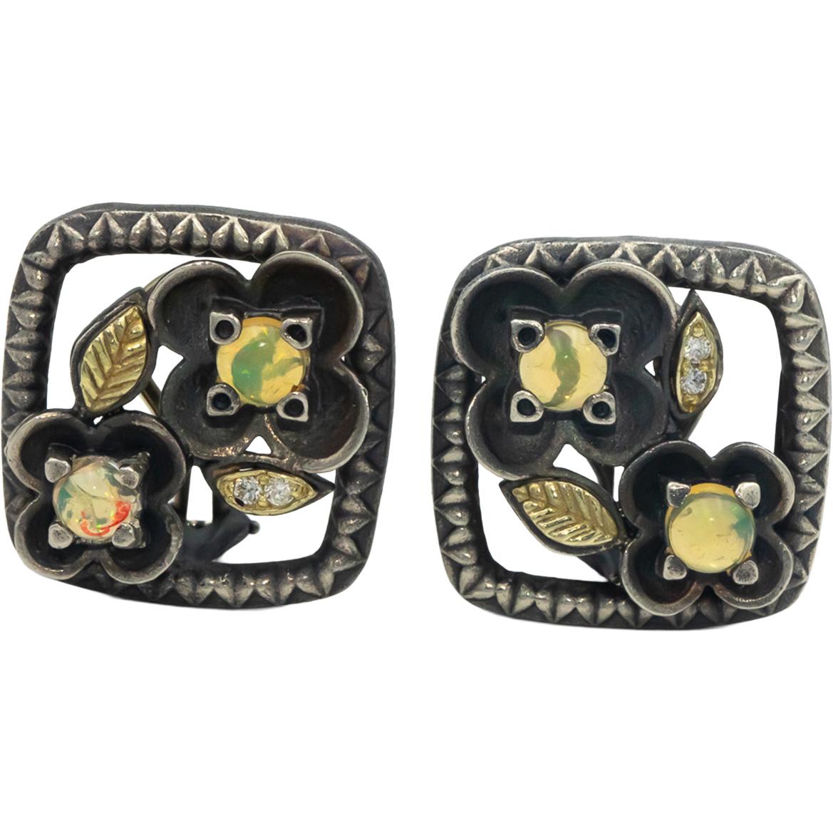 STAMBOLIAN 18k Gold Sterling Silver 2.10CT Diamond & Opal Flower Earrings