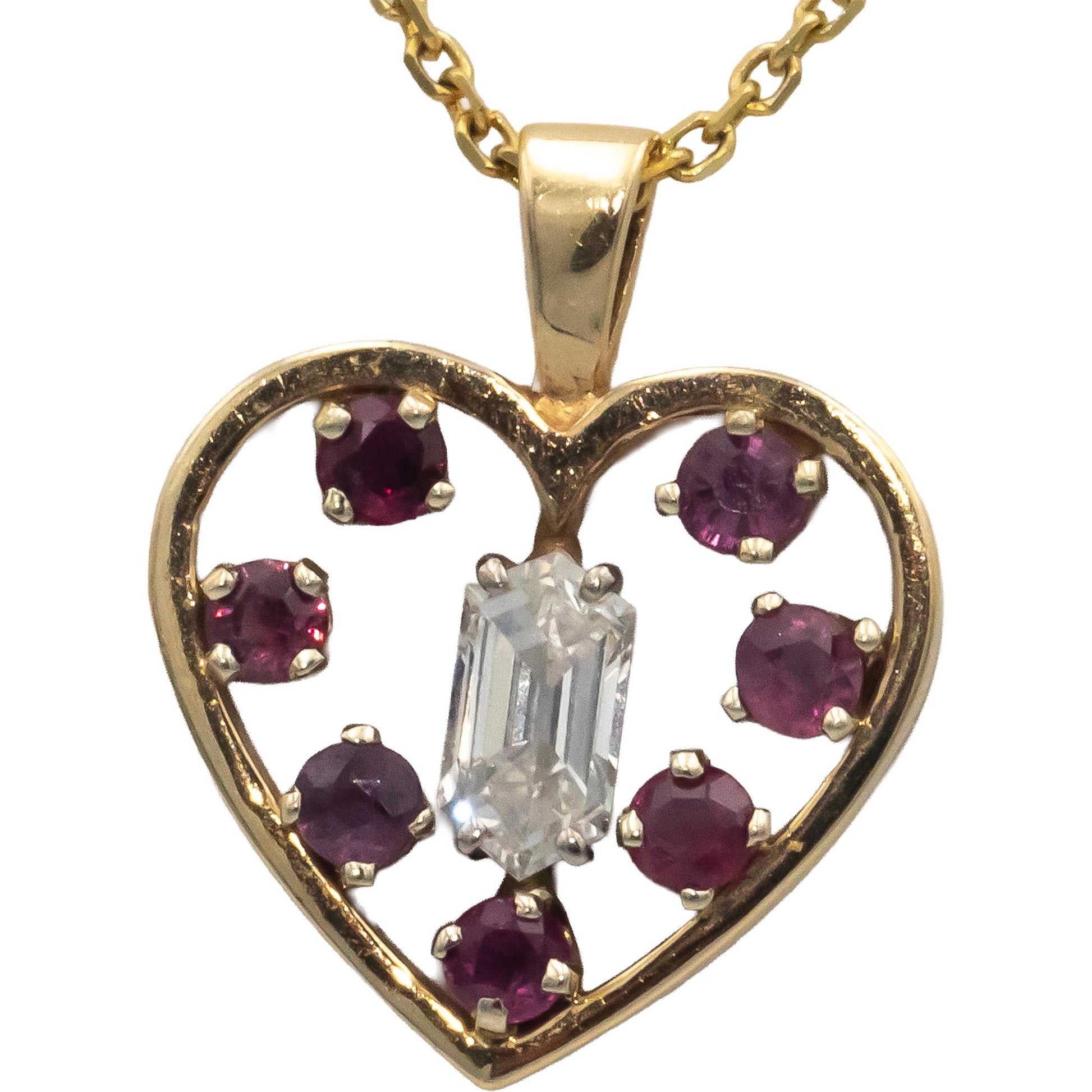 14k Yellow Gold VS Lozenge Cut Diamond & Ruby Heart Pendant Necklace 0.70CTW