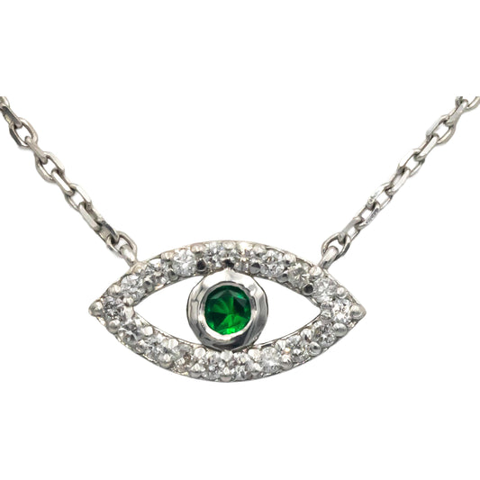 14k White Gold 0.32CT Diamond and Tsavorite Garnet Evil Eye Pendant Necklace