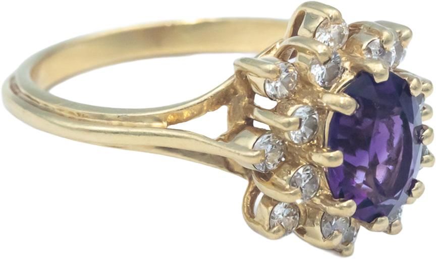 Round Diamond and Oval Cut Amethyst 14k Yellow Gold Ring 1.45CT Size 6.75