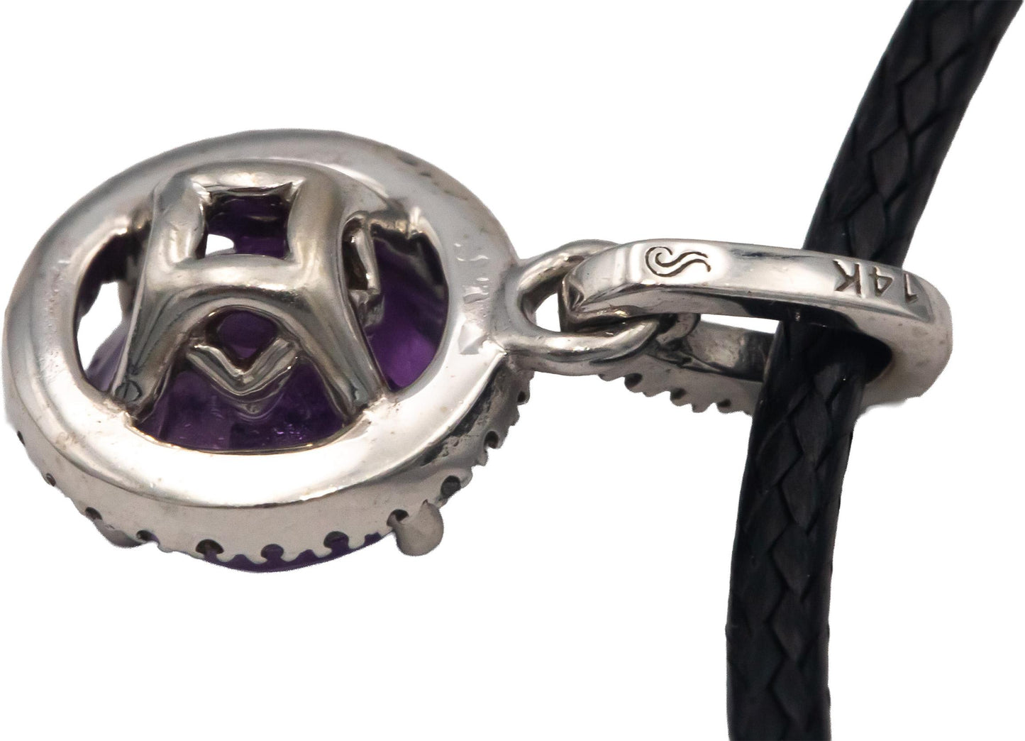 14k White Gold 1.10CT Round Cut Amethyst and Diamond Halo Pendant Necklace