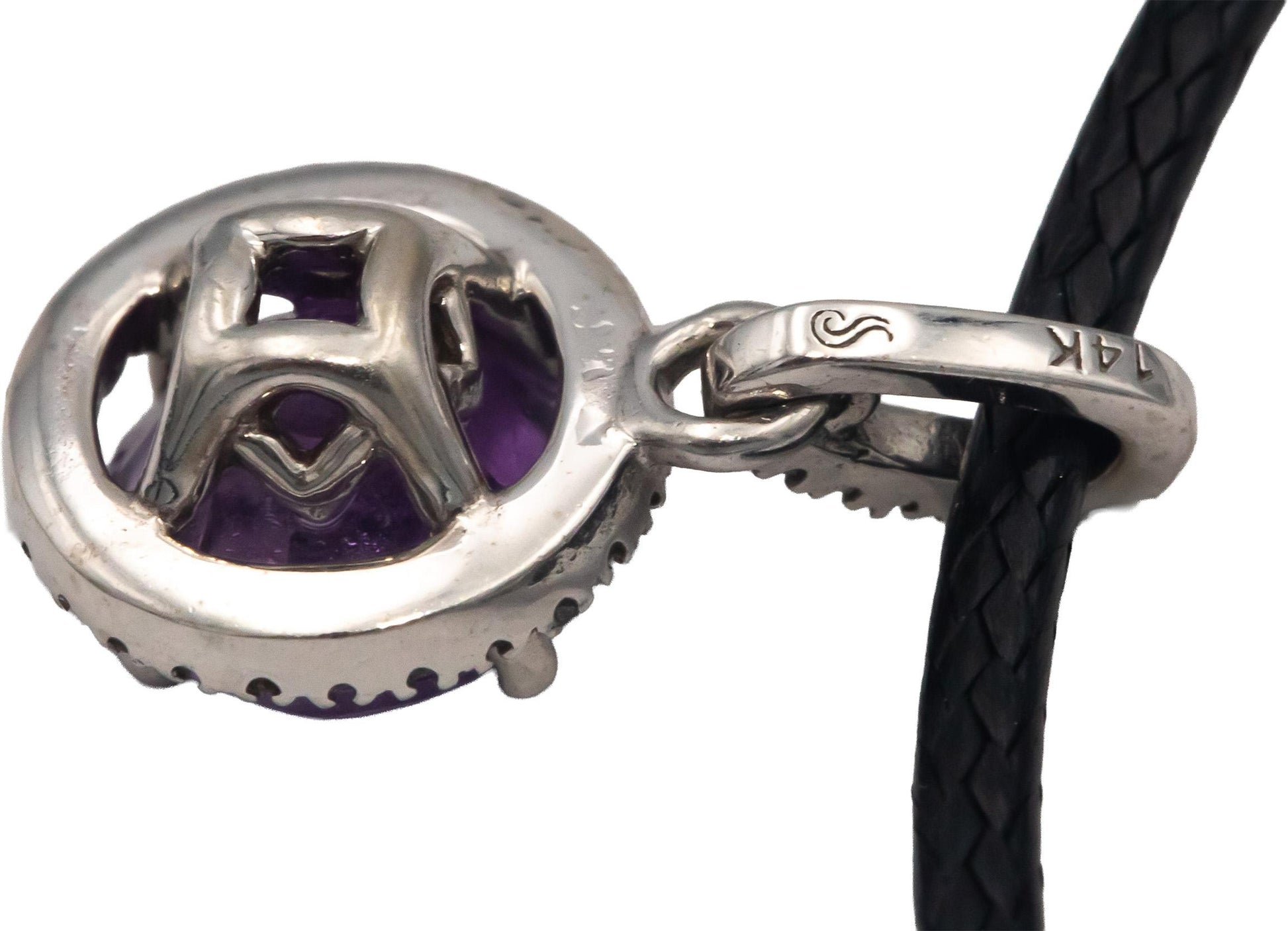 14k White Gold 1.10CT Round Cut Amethyst and Diamond Halo Pendant Necklace