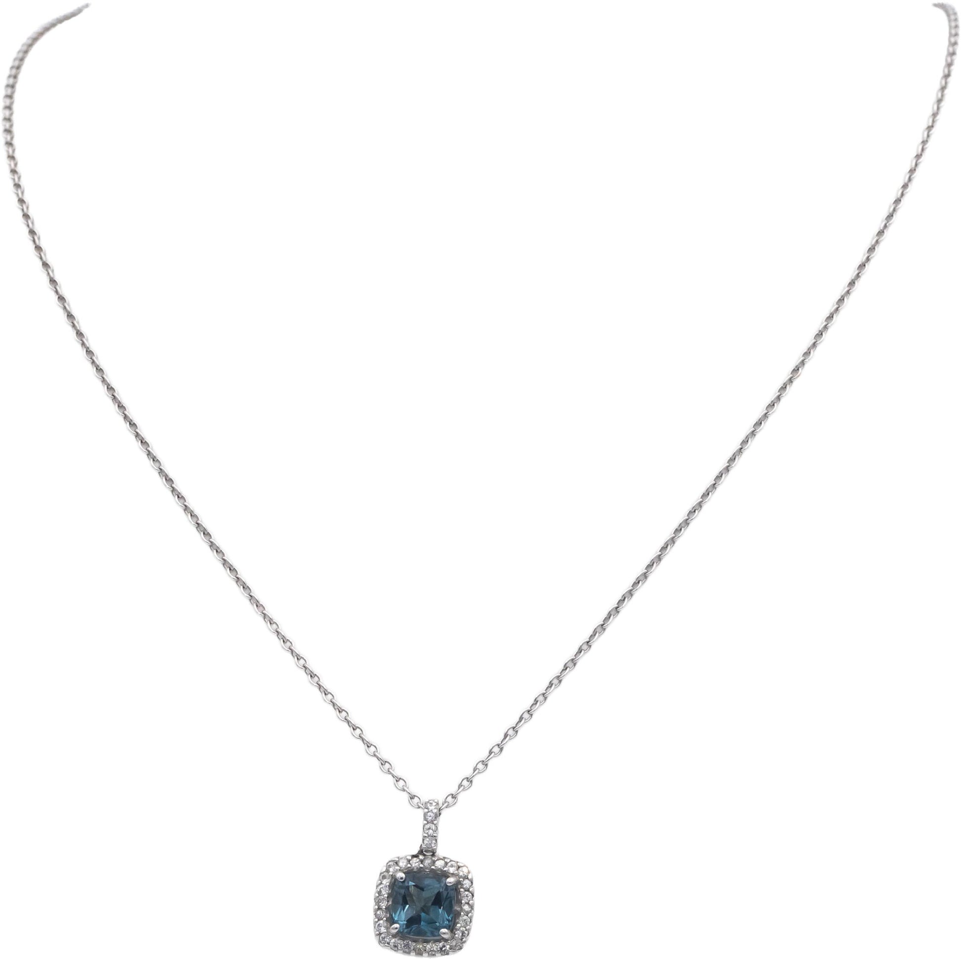 14k White Gold 2.75CT Blue and White Topaz Halo Pendant Necklace