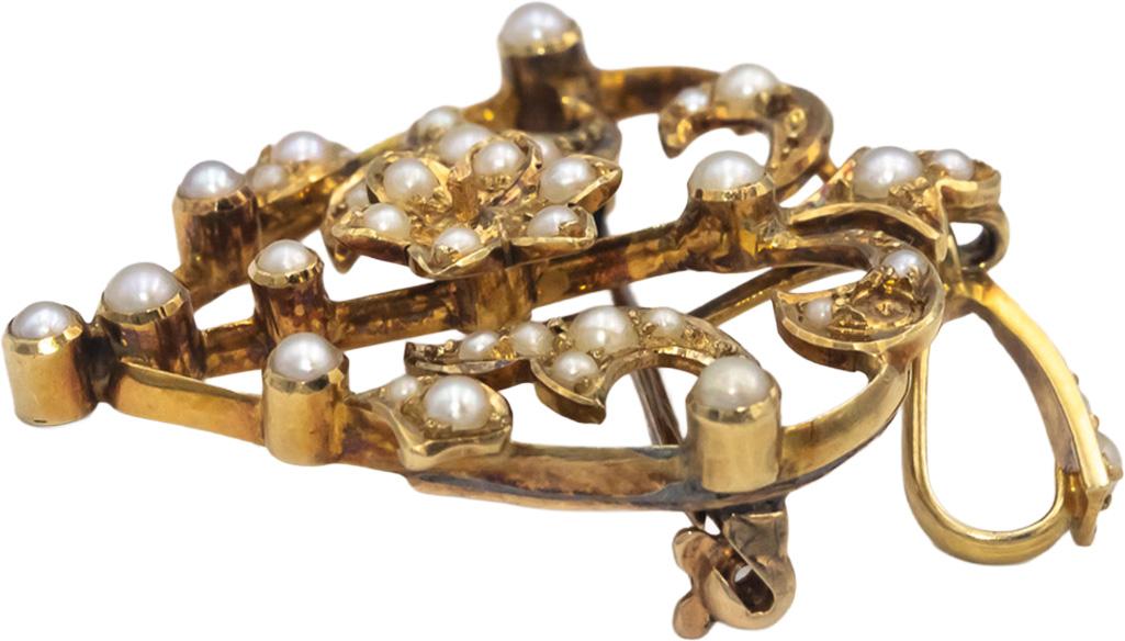 Antique Vintage 14k Yellow Gold Diamond Seed Pearl Heart Brooch Pendant