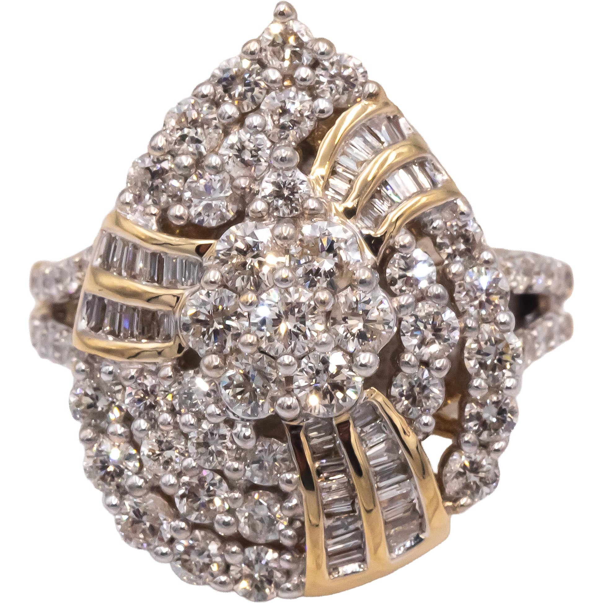 10k Yellow Gold Round & Baguette Cut Cluster Cocktail Ring 2.0CT Size 7