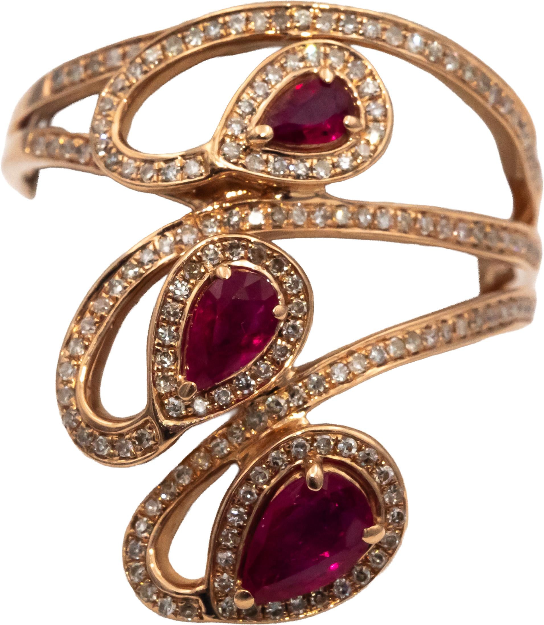 14k Rose Gold Pear Ruby & Round Diamond Cocktail Ring 1.0CT Size 8
