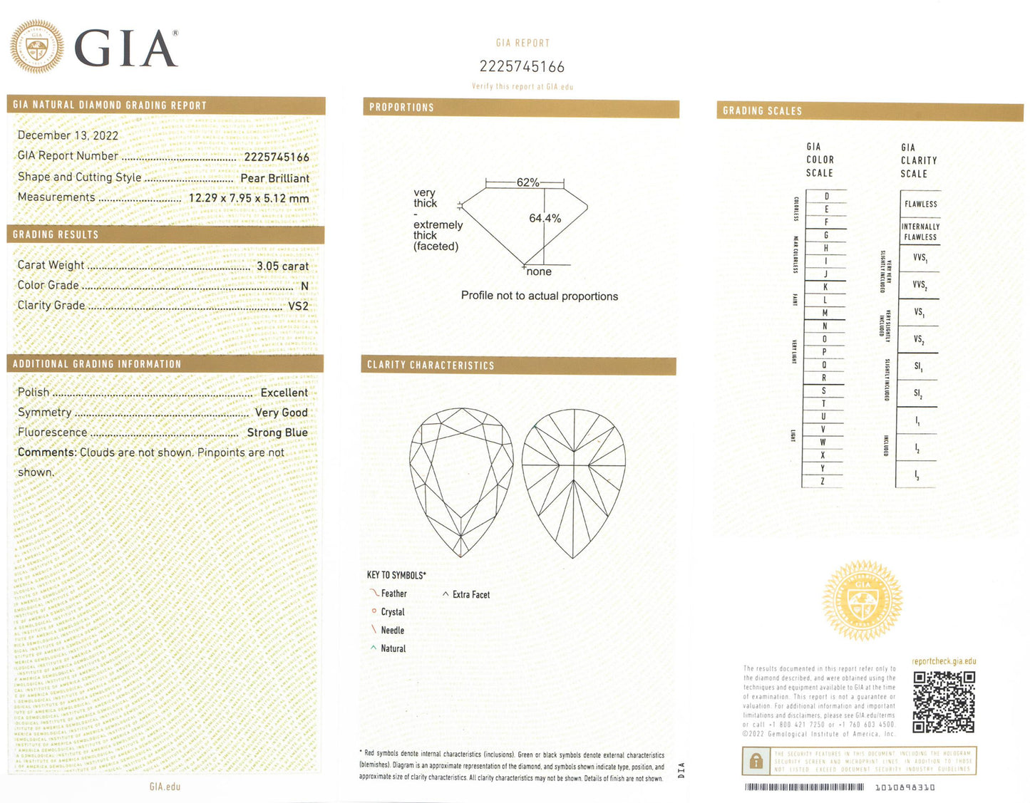 GIA Certified 14k Yellow Gold N/VS2 Pear Cut Diamond Pendant Necklace 3.05CT