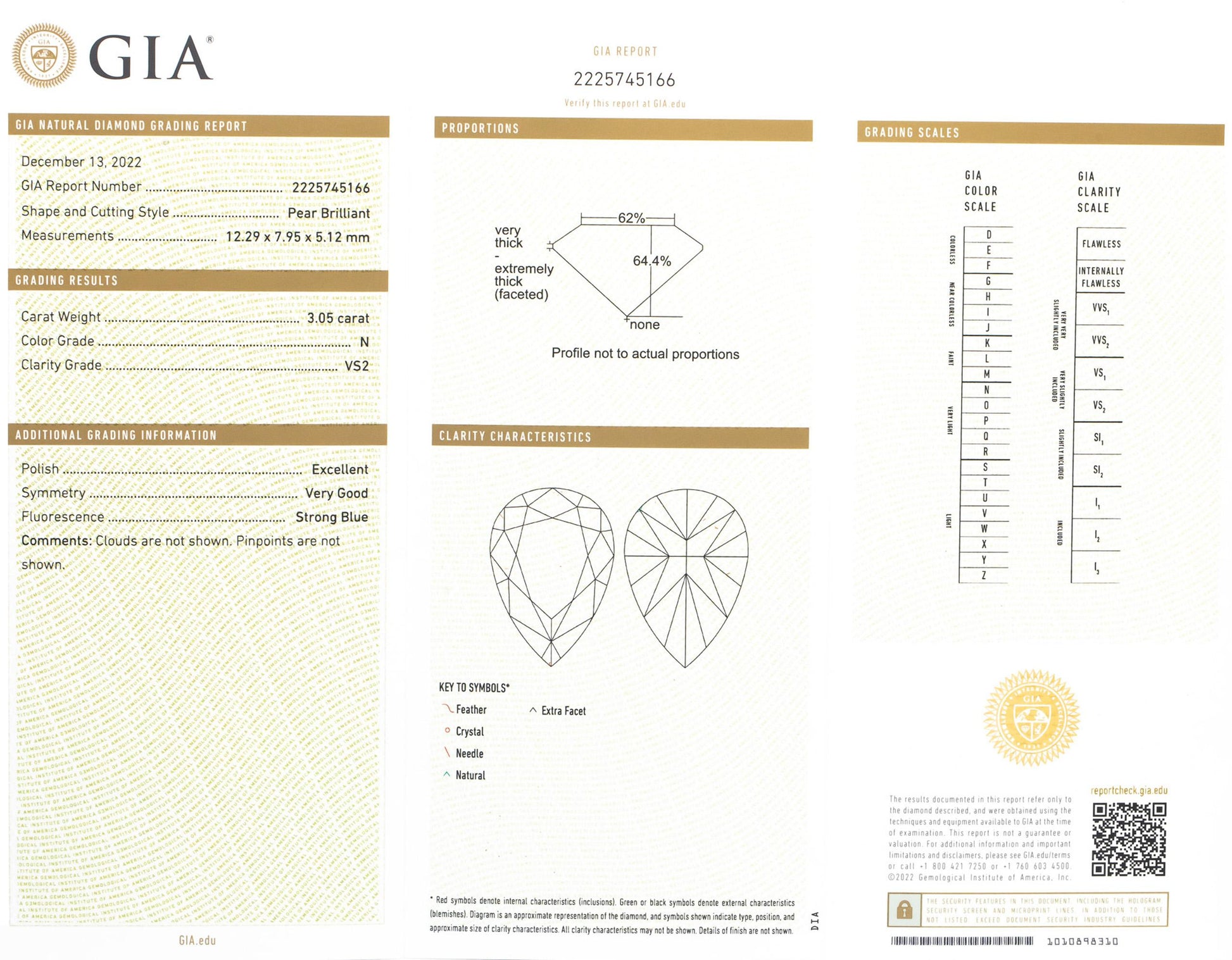 GIA Certified 14k Yellow Gold N/VS2 Pear Cut Diamond Pendant Necklace 3.05CT