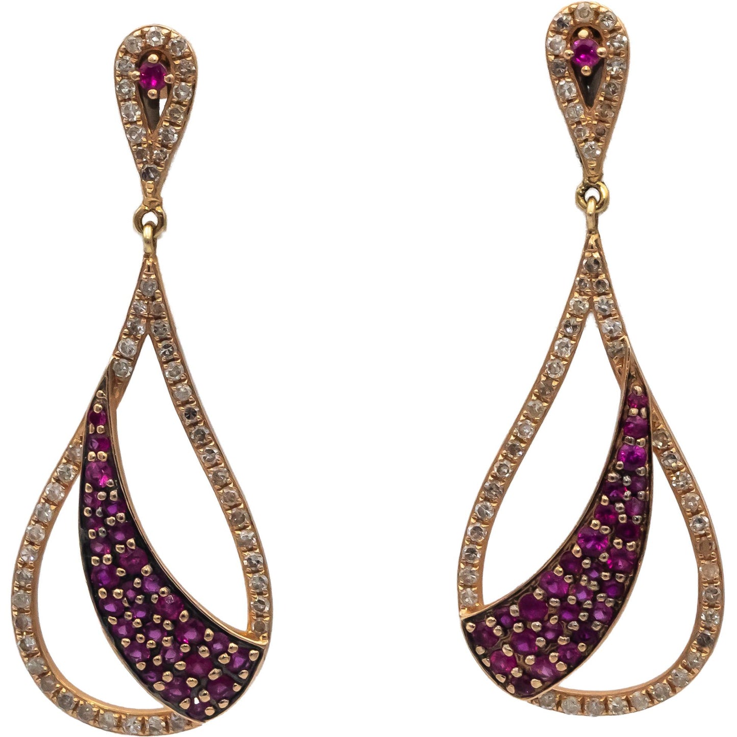 14k Rose Gold Round Ruby and Diamond Drop Dangle Earrings 1.10CT