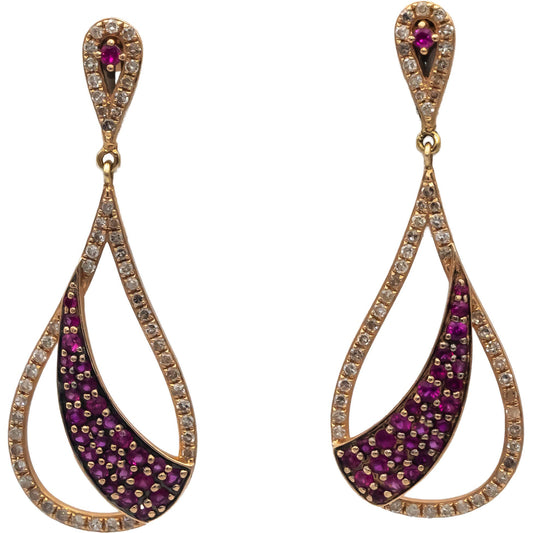 14k Rose Gold Round Ruby and Diamond Drop Dangle Earrings 1.10CT